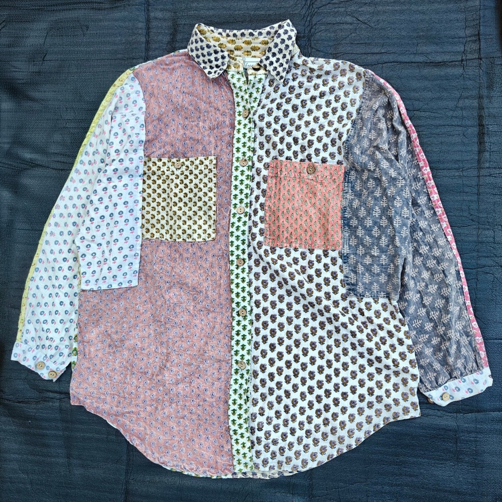 Floral Block Print Patchwork Button Up Shirt Whimsigoth Artisanal Boho Women's L